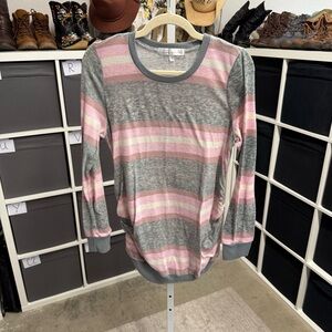 Two Beautiful Maternity Gray and Pink Striped Long Sleeve Ruched Sweater